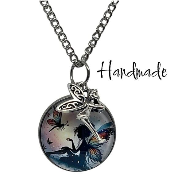Hand Crafted Pink Blue Yellow Silver Fairy Whimsical Necklace Earring Set NWT OS - Picture 1 of 7